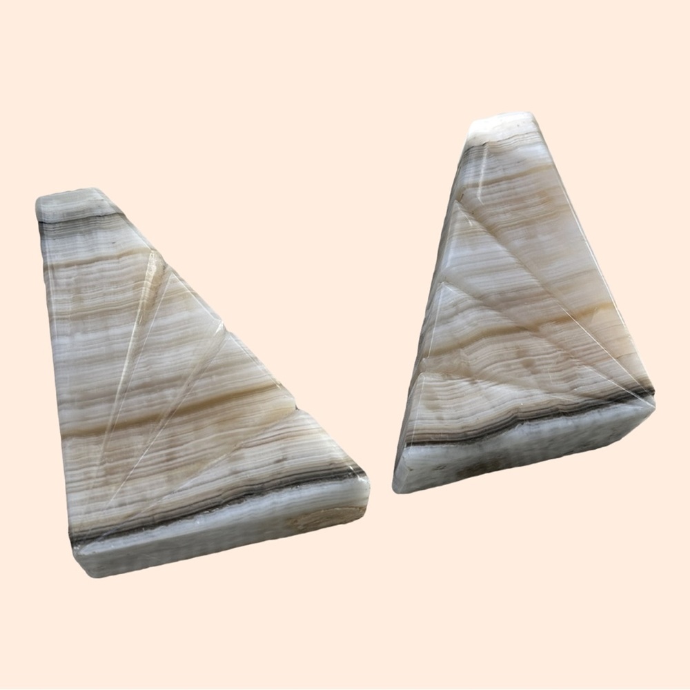 Vintage Etched Polished Stone Triangular Heavyweight Bookends Pair of 2